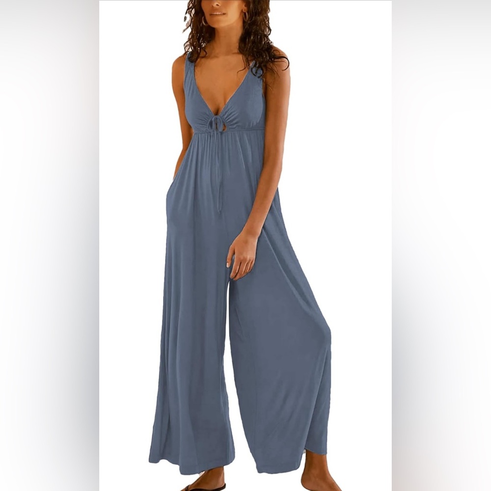 Blue-gray Loose Sleeveless Wide Leg Jumpsuit / Romper WITH POCKETS!